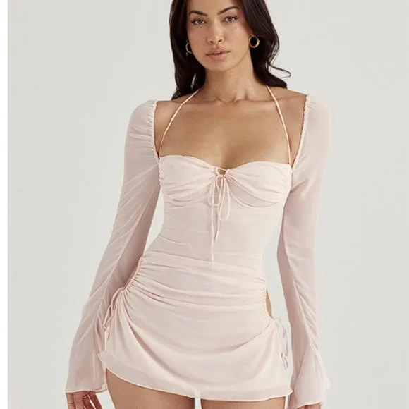 HOUSE OF CB 'Baby' Pink Quartz Chiffon Cutout Halter Mini Dress NWOT